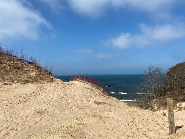 hiking Michigan sand dunes and blue lake