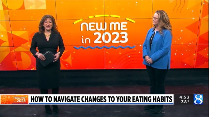 Two women talking on television about the eat healthier resolution and dieting