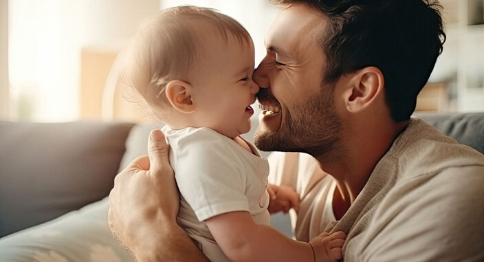 a man sits and holds his baby close to his face while smiling and thinking about the symptoms of meth exposure in infants