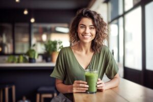 a smiling woman sits a table at a restaurant holding onto a green smoothie and asks herself what is bright line eating