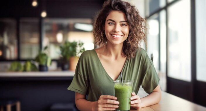 a smiling woman sits a table at a restaurant holding onto a green smoothie and asks herself what is bright line eating